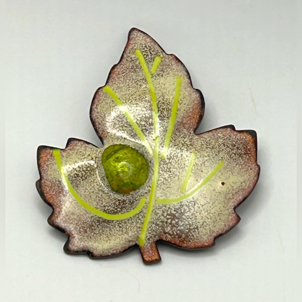 Vintage Enamel Blister Jewel Copper Leaf Pin Brooch Handmade
